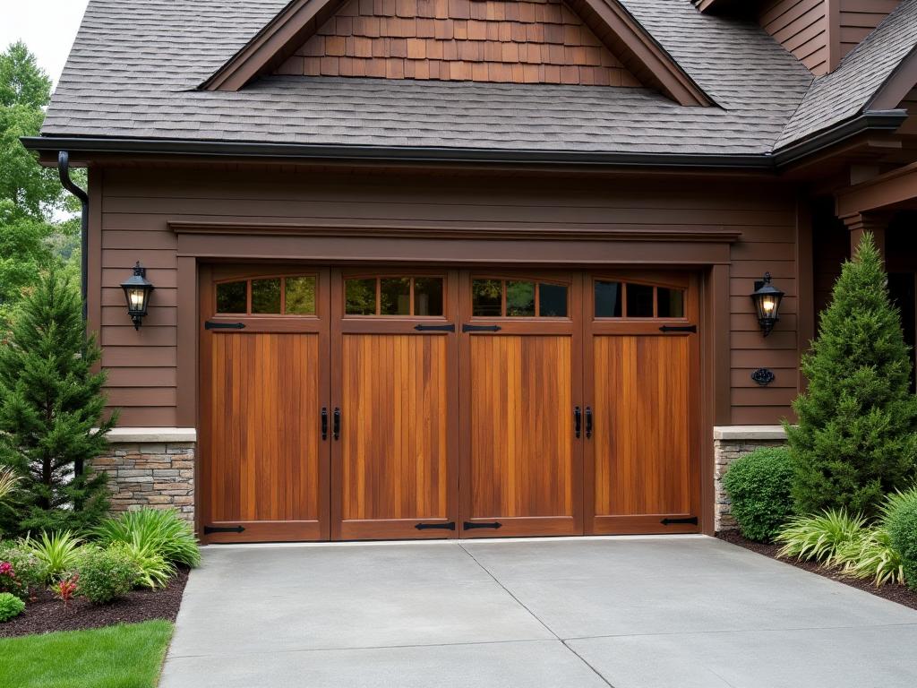 Wood grain garage door on craftsman home