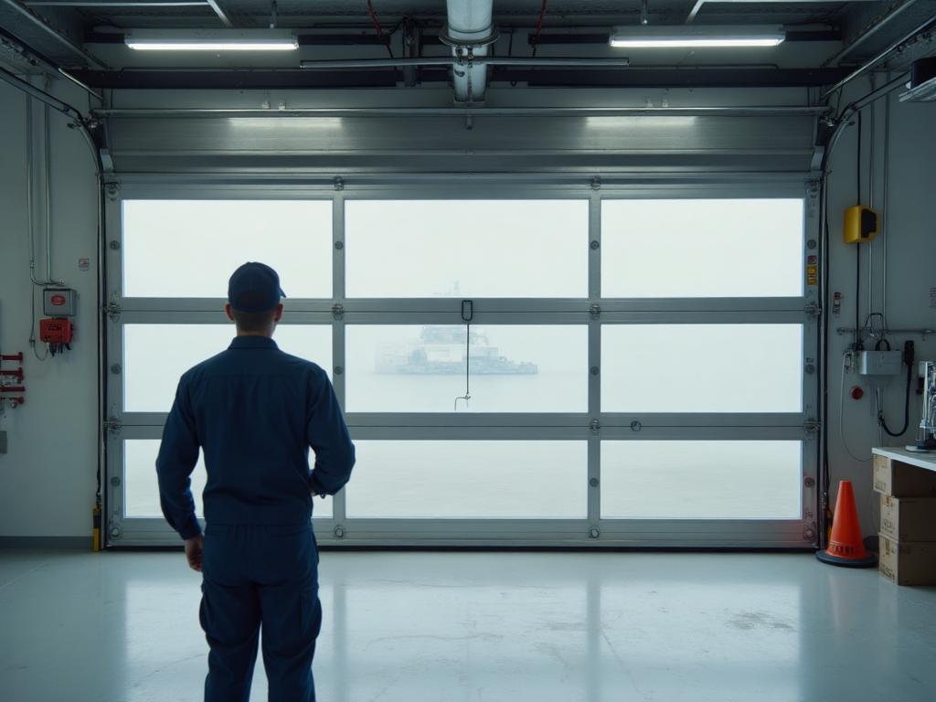 Professional garage door technician performing repair service